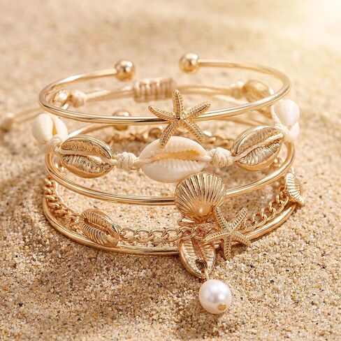 5 Pcs Gold Shell Starfish Bracelets Seashell Stretch Bracelet Layered Bangle Bracelet for Women Summer Beach Jewelry in Saudi Arabia
