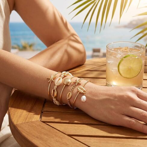 5 Pcs Gold Shell Starfish Bracelets Seashell Stretch Bracelet Layered Bangle Bracelet for Women Summer Beach Jewelry in Saudi Arabia