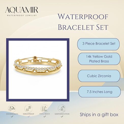 Waterproof Bracelet Set 14K Yellow Gold Plated Brass Cubic Zirconia Tennis Bracelets for Women Jewelry Sets Stack Trendy Dainty Stackable Paperclip Chain Bangle in Kuwait