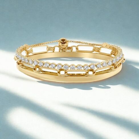 Waterproof Bracelet Set 14K Yellow Gold Plated Brass Cubic Zirconia Tennis Bracelets for Women Jewelry Sets Stack Trendy Dainty Stackable Paperclip Chain Bangle in Kuwait