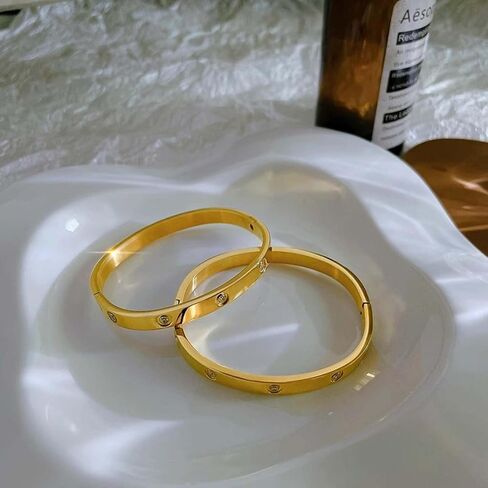 14K Gold Plated Love Bangle Bracelets Titanium Steel Gold Silver Rose Gold Oval Bracelet Cubic Zirconia 62mm Diameter Bracelet Bangle Jewelry Gifts for Women in Kuwait