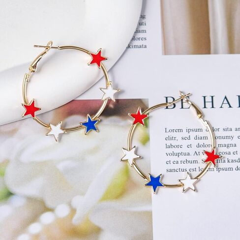 4th of July Gifts Red White Blue Star Circle Hoop Earrings for Women Independent Day Glitter Dangle Earring American Flag Patriotic Holiday Memorial Day Accessories in Kuwait