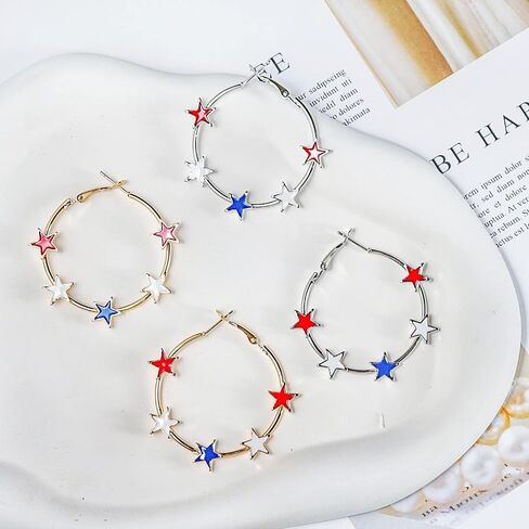 4th of July Gifts Red White Blue Star Circle Hoop Earrings for Women Independent Day Glitter Dangle Earring American Flag Patriotic Holiday Memorial Day Accessories in Kuwait
