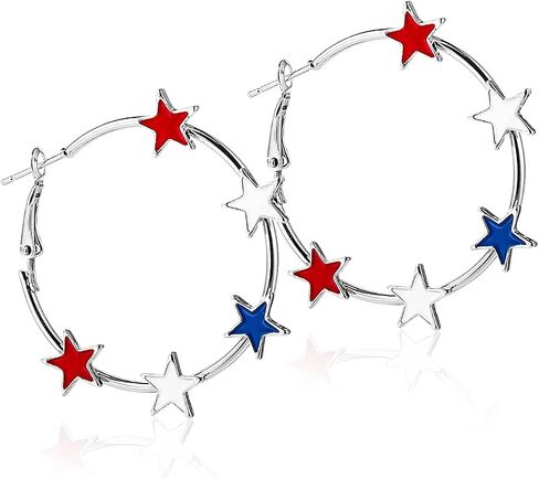 4th of July Gifts Red White Blue Star Circle Hoop Earrings for Women Independent Day Glitter Dangle Earring American Flag Patriotic Holiday Memorial Day Accessories in Kuwait
