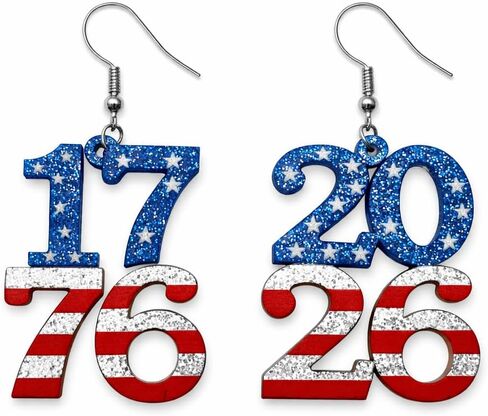 LOTSOF Patriotic 4th of July Earrings for Women, Glitter 1776 2026 American Flag Dangle Drop Earrings, America 250th Anniversary Semiquincentennial Red White Blue Stars Stripes Jewelry Gift in Saudi Arabia