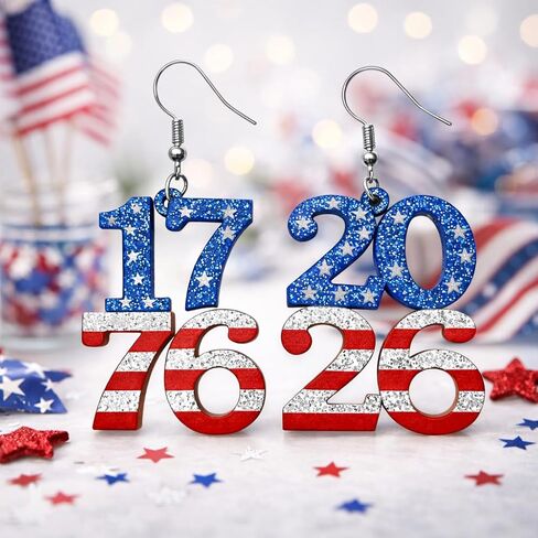 أقراط LOTSOF الوطنية في الرابع من يوليو للنساء، لامعة 1776 2026 العلم الأمريكي متدلية أقراط متدلية، هدية مجوهرات مخططة للذكرى السنوية الـ 250 لأمريكا باللون الأحمر والأبيض والأزرق in Kuwait