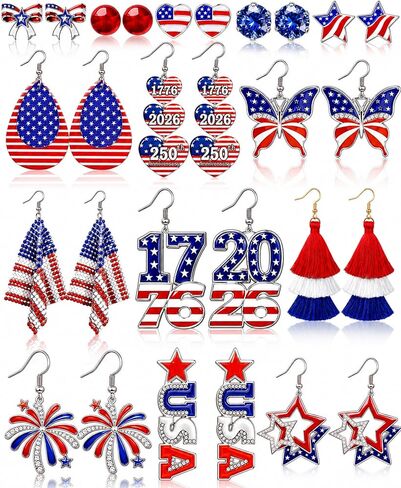 14 Pairs 4th of July Earrings for Women, 250th Anniversary USA Patriotic Earrings Set, Red White Blue American Flag Star Heart Fireworks Dangle Stud Jewelry for Independence Day in Saudi Arabia