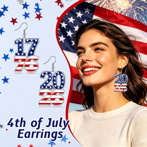 14 Pairs 4th of July Earrings for Women, 250th Anniversary USA Patriotic Earrings Set, Red White Blue American Flag Star Heart Fireworks Dangle Stud Jewelry for Independence Day in Saudi Arabia