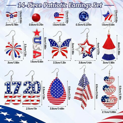14 Pairs 4th of July Earrings for Women, 250th Anniversary USA Patriotic Earrings Set, Red White Blue American Flag Star Heart Fireworks Dangle Stud Jewelry for Independence Day in Saudi Arabia
