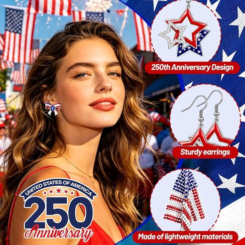 14 Pairs 4th of July Earrings for Women, 250th Anniversary USA Patriotic Earrings Set, Red White Blue American Flag Star Heart Fireworks Dangle Stud Jewelry for Independence Day in Saudi Arabia