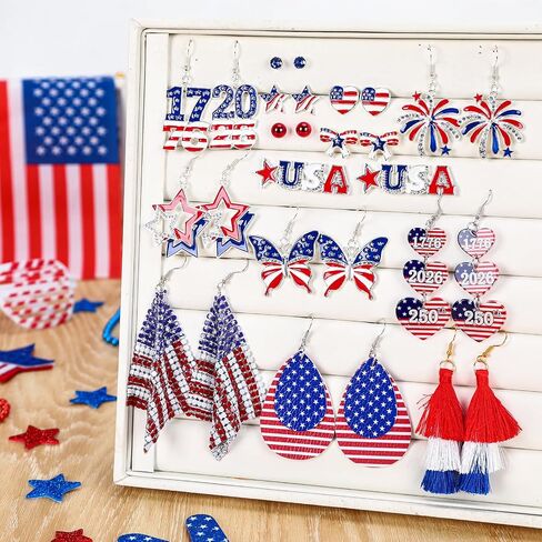 14 Pairs 4th of July Earrings for Women, 250th Anniversary USA Patriotic Earrings Set, Red White Blue American Flag Star Heart Fireworks Dangle Stud Jewelry for Independence Day in Saudi Arabia
