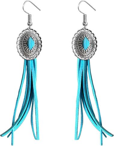 Western Cowgirl Earrings for Women Vintage Leather Tassel Long Drop Earrings Bohemian Brown Leather Earrings Western Trendy Jewelry for Women in Kuwait