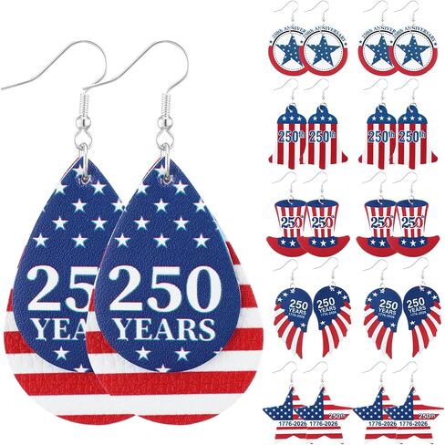 Sureio 12 Pairs 4th of July 250th Anniversary Earrings for Women Patriotic American Flag Dangle Earrings Red White Blue Leather Jewelry for Women Mom Independence Day 250th Celebration Gifts in Kuwait