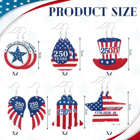Sureio 12 Pairs 4th of July 250th Anniversary Earrings for Women Patriotic American Flag Dangle Earrings Red White Blue Leather Jewelry for Women Mom Independence Day 250th Celebration Gifts in Kuwait