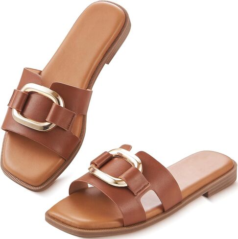Womens Sandals Slip On Flat for Summer Comfortable Ladies Dressy Fashion Square Open Toe Slides Faux Leather Casual Shoes with Metal Decor Size 6-11 in Kuwait