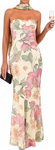Women's Floral Tube Maxi Dress with Scarf - Y2k Strapless Bodycon Long Dress, Mesh Formal Cocktail Sundress in Saudi Arabia