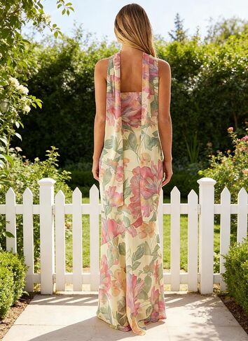 Women's Floral Tube Maxi Dress with Scarf - Y2k Strapless Bodycon Long Dress, Mesh Formal Cocktail Sundress in Saudi Arabia