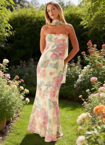 Women's Floral Tube Maxi Dress with Scarf - Y2k Strapless Bodycon Long Dress, Mesh Formal Cocktail Sundress in Saudi Arabia