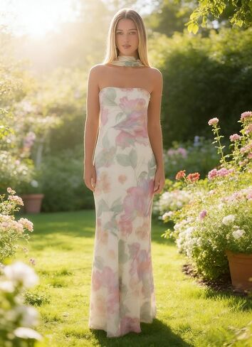 Women's Floral Tube Maxi Dress with Scarf - Y2k Strapless Bodycon Long Dress, Mesh Formal Cocktail Sundress in Saudi Arabia
