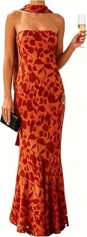 Women's Floral Tube Maxi Dress with Scarf - Y2k Strapless Bodycon Long Dress, Mesh Formal Cocktail Sundress in Saudi Arabia