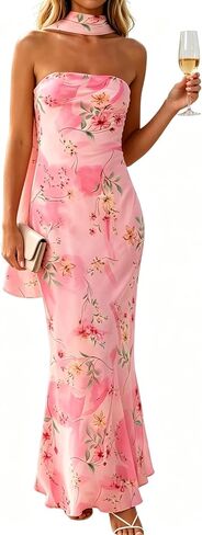 Women's Floral Tube Maxi Dress with Scarf - Y2k Strapless Bodycon Long Dress, Mesh Formal Cocktail Sundress in Saudi Arabia