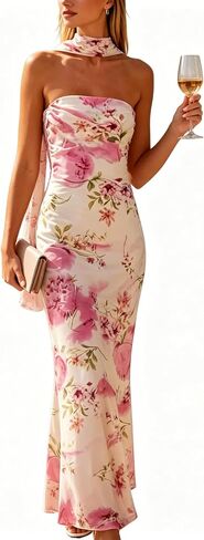 Women's Floral Tube Maxi Dress with Scarf - Y2k Strapless Bodycon Long Dress, Mesh Formal Cocktail Sundress in Saudi Arabia