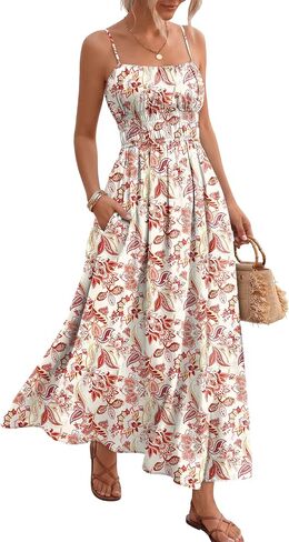 LILLUSORY Women Floral Maxi Dress Summer Spaghetti Strap Smocked Boho Beach Vacation Long Flowy Sundress with Pockets in Kuwait