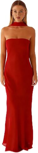 Women's Floral Tube Maxi Dress with Scarf - Y2k Strapless Bodycon Long Dress, Mesh Formal Cocktail Sundress in Saudi Arabia