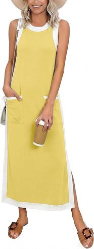 Women 2026 Summer Color Block Maxi Dress Sleeveless Crewneck Side Split Beach Dress Flowy Cover Up with Pockets in Saudi Arabia