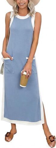 Women 2026 Summer Color Block Maxi Dress Sleeveless Crewneck Side Split Beach Dress Flowy Cover Up with Pockets in Saudi Arabia