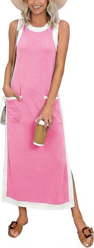 Women 2026 Summer Color Block Maxi Dress Sleeveless Crewneck Side Split Beach Dress Flowy Cover Up with Pockets in Saudi Arabia