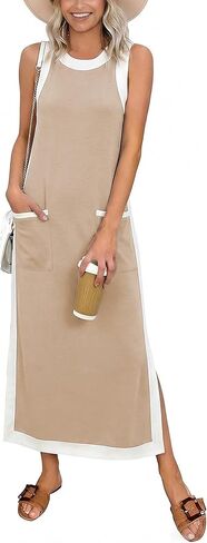 Women 2026 Summer Color Block Maxi Dress Sleeveless Crewneck Side Split Beach Dress Flowy Cover Up with Pockets in Saudi Arabia