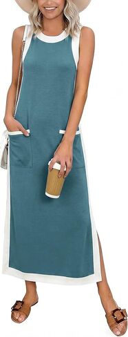 Women 2026 Summer Color Block Maxi Dress Sleeveless Crewneck Side Split Beach Dress Flowy Cover Up with Pockets in Saudi Arabia