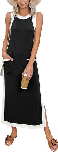 Women 2026 Summer Color Block Maxi Dress Sleeveless Crewneck Side Split Beach Dress Flowy Cover Up with Pockets in Saudi Arabia