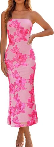 Poulax Women's Floral Strapless Maxi Dress 2026 Summer Mesh Tube Bodycon Cocktail Wedding Guest Formal Long Dresses in Kuwait