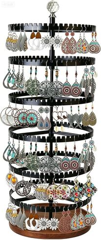 6-story rotating earring rack storage rack, adjustable plastic pendant display rack, 348 grooves on the tree band, large circular storage tower, black wooden disc design in Kuwait