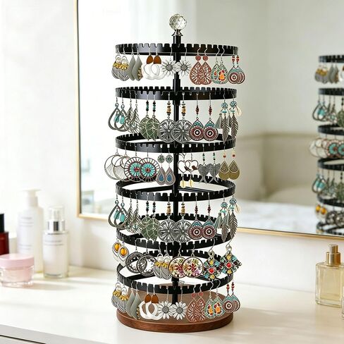 6-story rotating earring rack storage rack, adjustable plastic pendant display rack, 348 grooves on the tree band, large circular storage tower, black wooden disc design in Kuwait