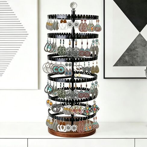 6-story rotating earring rack storage rack, adjustable plastic pendant display rack, 348 grooves on the tree band, large circular storage tower, black wooden disc design in Kuwait