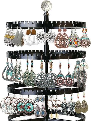 6-story rotating earring rack storage rack, adjustable plastic pendant display rack, 348 grooves on the tree band, large circular storage tower, black wooden disc design in Kuwait