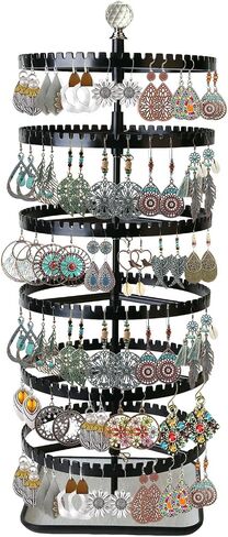 6-story rotating earring rack storage rack, adjustable plastic pendant display rack, 348 grooves on the tree band, large circular storage tower, black wooden disc design in Saudi Arabia