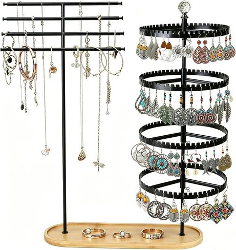 6-story rotating earring rack storage rack, adjustable plastic pendant display rack, 348 grooves on the tree band, large circular storage tower, black wooden disc design in Kuwait