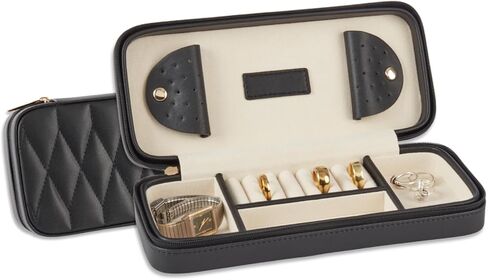 Bey-Berk Diamond-Quilted Leather Travel Jewelry Case, Black, 9" x 4" x 1.75" in Saudi Arabia