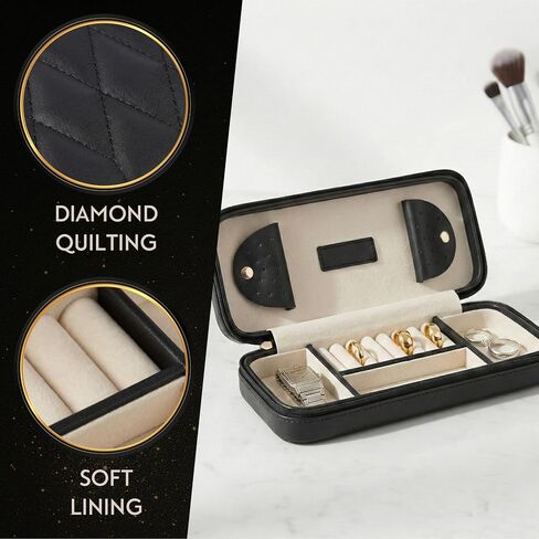Bey-Berk Diamond-Quilted Leather Travel Jewelry Case, Black, 9" x 4" x 1.75" in Saudi Arabia