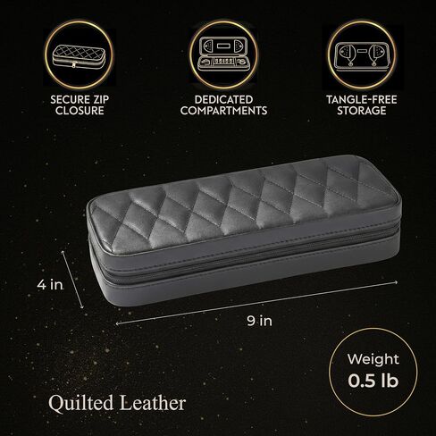 Bey-Berk Diamond-Quilted Leather Travel Jewelry Case, Black, 9" x 4" x 1.75" in Saudi Arabia