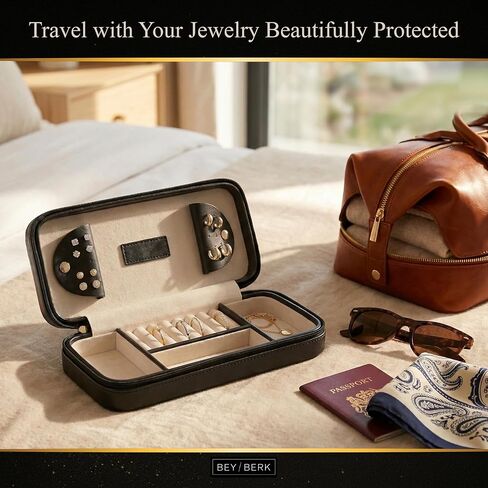 Bey-Berk Diamond-Quilted Leather Travel Jewelry Case, Black, 9" x 4" x 1.75" in Saudi Arabia