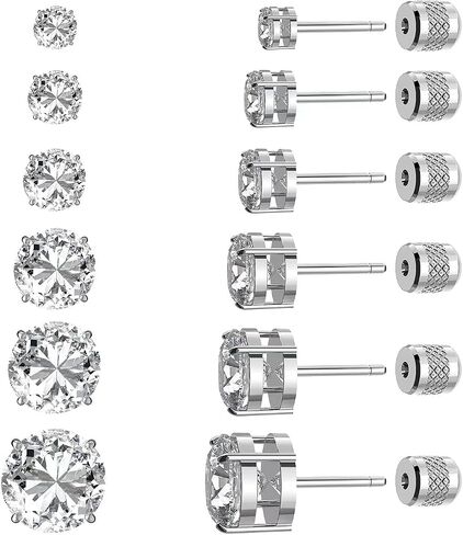 6 pairs Push-in Flat Back Stud Earrings 14K Gold Plated Simulated Diamond Round Cubic Zirconia Earrings Studs Set Hypoallergenic CZ Stud Earrings for Women men in Saudi Arabia