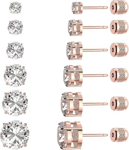 6 pairs Push-in Flat Back Stud Earrings 14K Gold Plated Simulated Diamond Round Cubic Zirconia Earrings Studs Set Hypoallergenic CZ Stud Earrings for Women men in Kuwait
