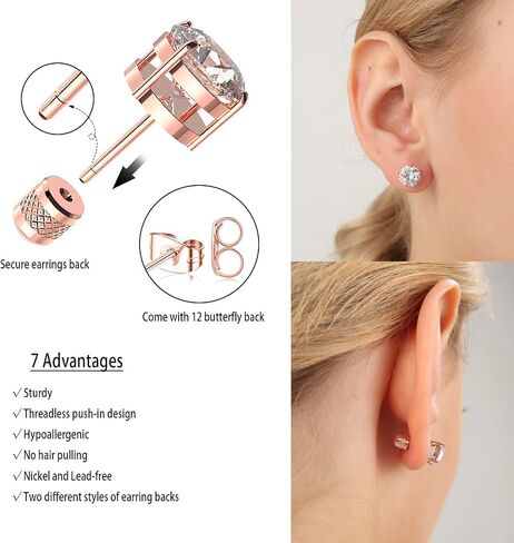 6 pairs Push-in Flat Back Stud Earrings 14K Gold Plated Simulated Diamond Round Cubic Zirconia Earrings Studs Set Hypoallergenic CZ Stud Earrings for Women men in Kuwait