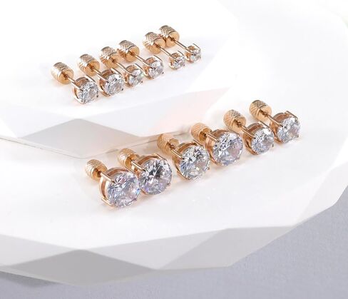 6 pairs Push-in Flat Back Stud Earrings 14K Gold Plated Simulated Diamond Round Cubic Zirconia Earrings Studs Set Hypoallergenic CZ Stud Earrings for Women men in Kuwait