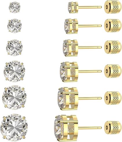 6 pairs Push-in Flat Back Stud Earrings 14K Gold Plated Simulated Diamond Round Cubic Zirconia Earrings Studs Set Hypoallergenic CZ Stud Earrings for Women men in Kuwait